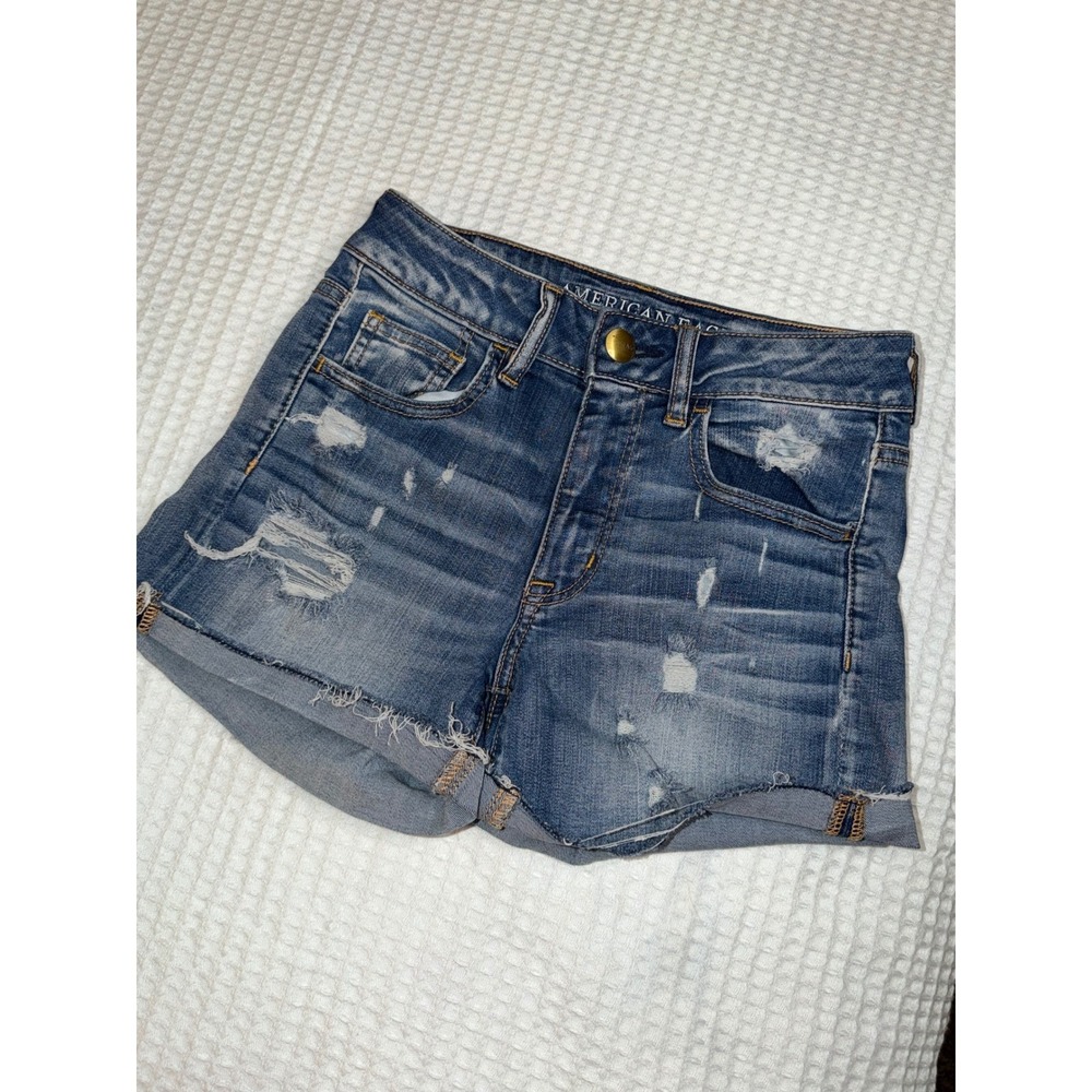 A&E Hi-Rise Shortie Women 2 Blue Distressed Super Stretch Denim Shorts